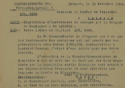 Réquisition d'instruments de musique par la brigade de gendarmerie de Landudal, 12 novembre 1942. Correspondance avec la Feldkommandantur (200 W 14)