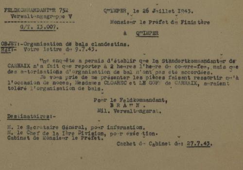 Correspondance avec la Feldkommandantur - Organisation de bals clandestins - 26 juillet 1943, 200 W 20/521