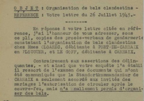 Organisation de bals clandestins, affaires Mme Cloarec et Le Goff à Carhaix-Plouguer - Juillet 1943