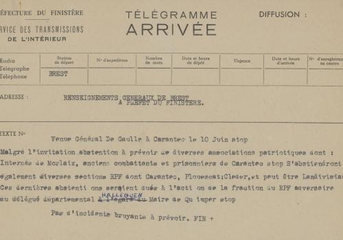 Télégramme concernant la visite du général de Gaulle à Carantec le 10 juin 1950