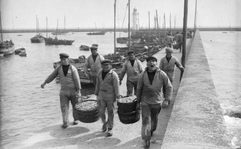 Groupe de pêcheurs déchargeant les thoniers sur les quais du port [vers 1910] (21 Fi 517)