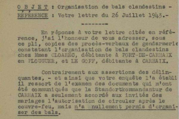 Organisation de bals clandestins, affaires Mme Cloarec et Le Goff à Carhaix-Plouguer - Juillet 1943