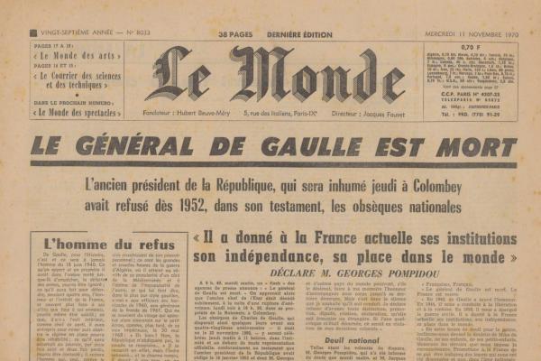 Journal le monde du 11,12,13 novembre relatant le déès du Général de Gaulle